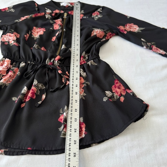 Stella Tweed 1/2 Zip Floral Long Sleeve Satin Peplum Blouse‎ Black Elastic Waist - Picture 14 of 16